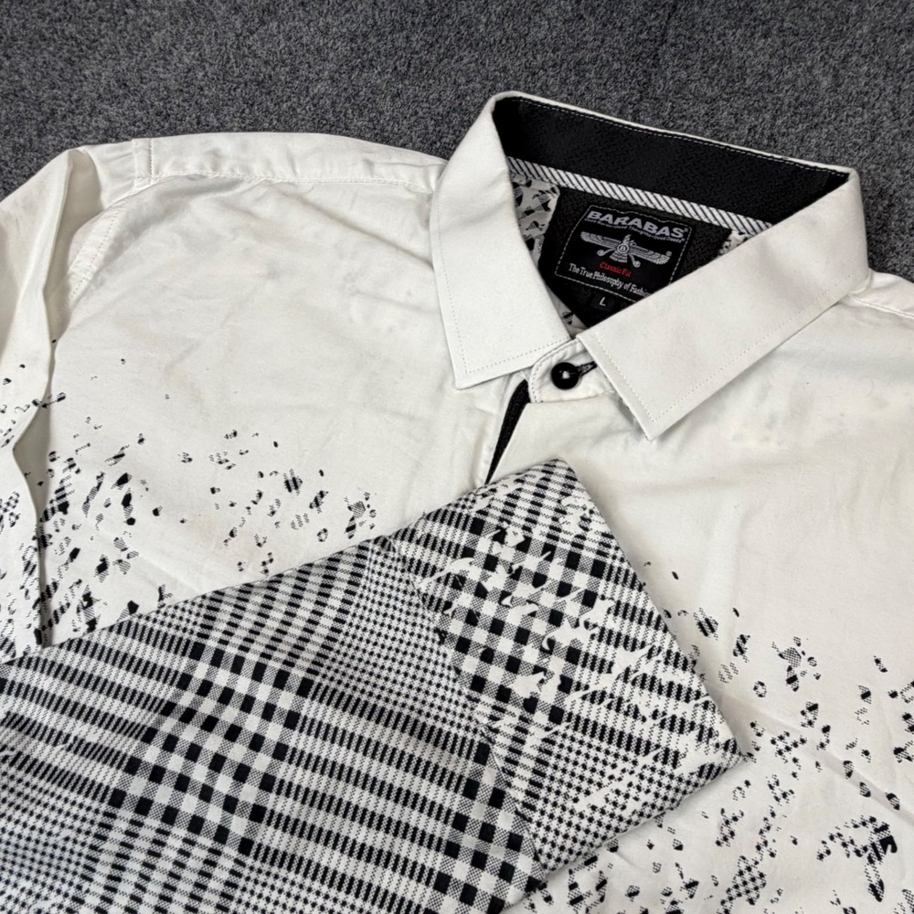 Y2K Barabas Mens Large Long Sleeve Button Down Shirt White Black Abstract Design